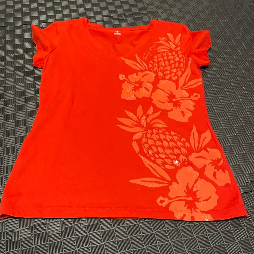 Tommy Hilfiger orange tshirt decorated with flowers and pineapple size small
